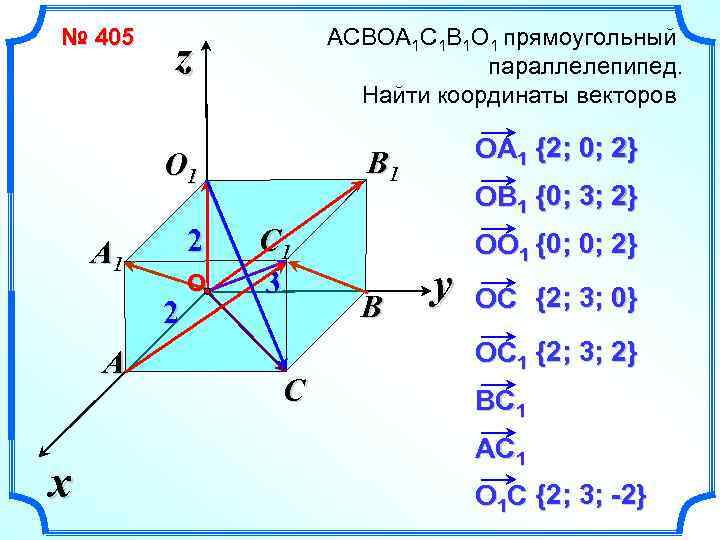 № 405 АСВОА 1 С 1 В 1 О 1 прямоугольный параллелепипед. Найти координаты
