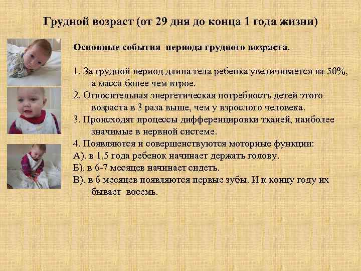 Грудной возраст (от 29 дня до конца 1 года жизни) Основные события периода грудного