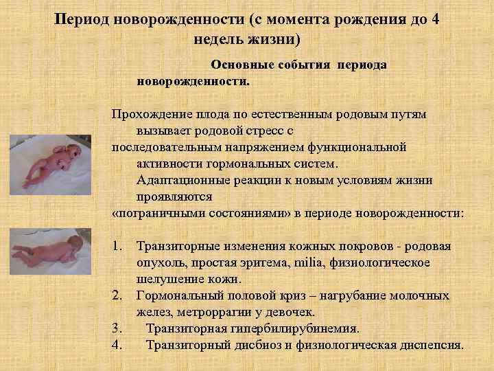 Период новорожденности (с момента рождения до 4 недель жизни) Основные события периода новорожденности. Прохождение