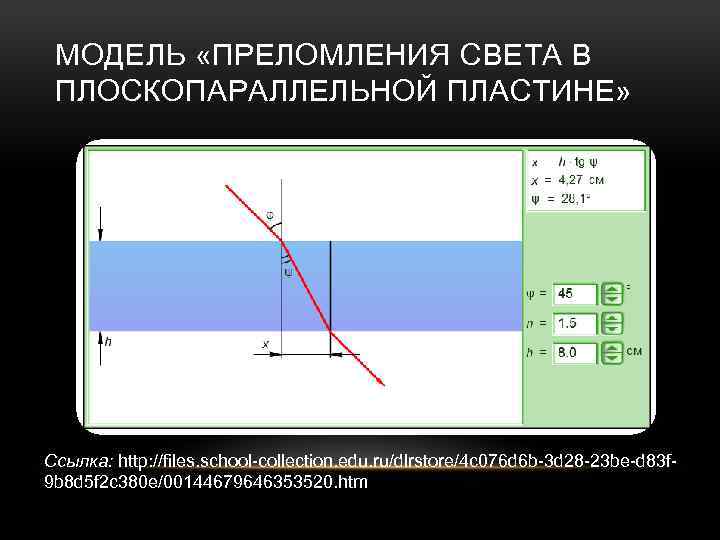МОДЕЛЬ «ПРЕЛОМЛЕНИЯ СВЕТА В ПЛОСКОПАРАЛЛЕЛЬНОЙ ПЛАСТИНЕ» Ссылка: http: //files. school-collection. edu. ru/dlrstore/4 c 076