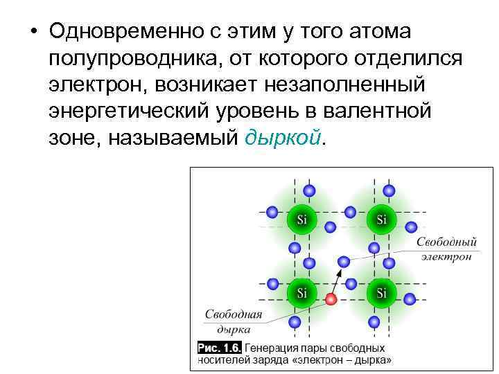  • Одновременно с этим у того атома полупроводника, от которого отделился электрон, возникает