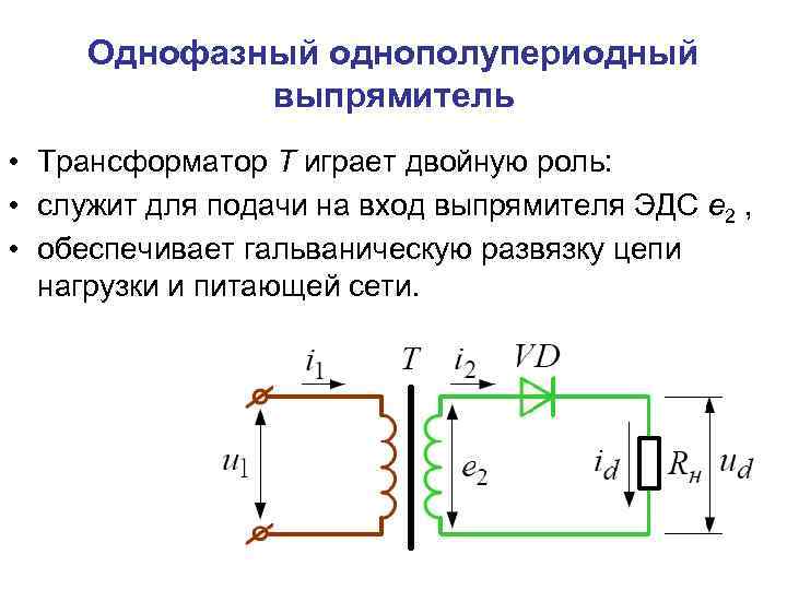 Однофазный однополупериодный выпрямитель • Трансформатор Т играет двойную роль: • служит для подачи на