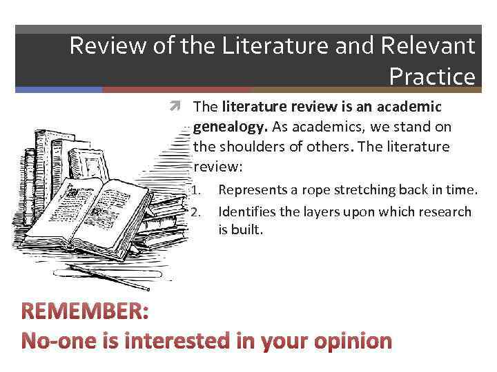 Review of the Literature and Relevant Practice The literature review is an academic genealogy.