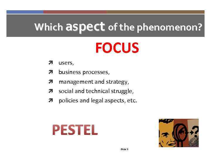 Which aspect of the phenomenon? FOCUS users, business processes, management and strategy, social and