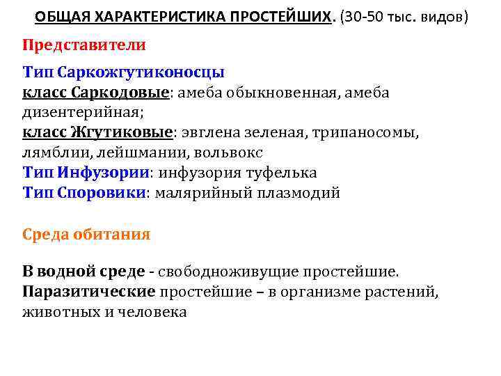 ОБЩАЯ ХАРАКТЕРИСТИКА ПРОСТЕЙШИХ. (30 -50 тыс. видов) Представители Тип Саркожгутиконосцы класс Саркодовые: амеба обыкновенная,