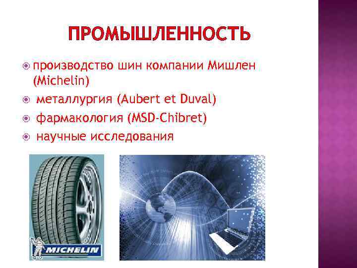 ПРОМЫШЛЕННОСТЬ производство шин компании Мишлен (Michelin) металлургия (Aubert et Duval) фармакология (MSD-Chibret) научные исследования