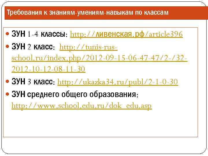 Требования к знаниям-умениям-навыкам по классам ЗУН 1 -4 классы: http: //ливенская. рф/article 396 ЗУН