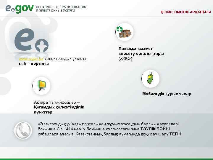 ЭЛЕКТРОННОЕ ПРАВИТЕЛЬСТВО И ЭЛЕКТРОННЫЕ УСЛУГИ www. egov. kz «электрондық үкімет» веб – порталы ҚОЛЖЕТІМДІЛІК