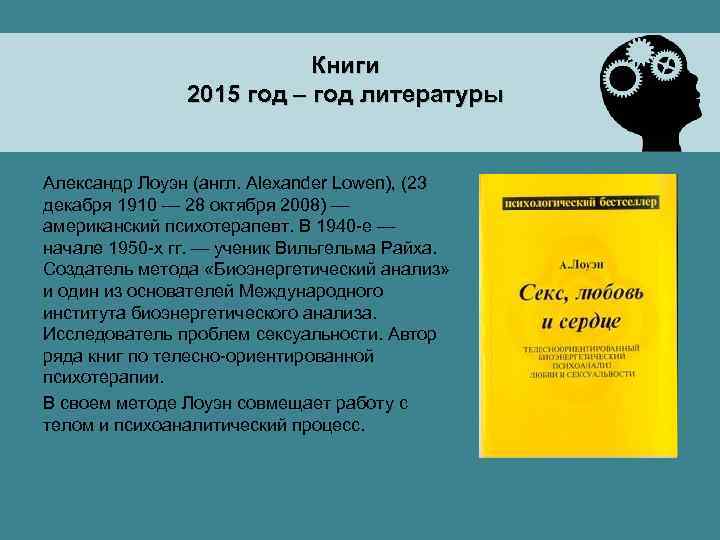 Книги 2015 год – год литературы Александр Лоуэн (англ. Alexander Lowen), (23 декабря 1910