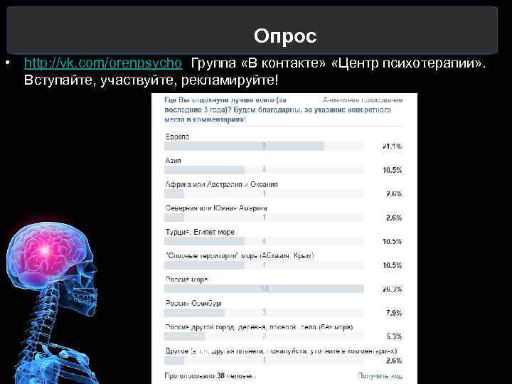 Опрос • http: //vk. com/orenpsycho Группа «В контакте» «Центр психотерапии» . Вступайте, участвуйте, рекламируйте!