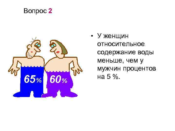 Вопрос 2 • У женщин относительное содержание воды меньше, чем у мужчин процентов на