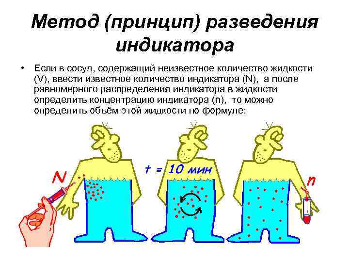 Метод (принцип) разведения индикатора • Если в сосуд, содержащий неизвестное количество жидкости (V), ввести