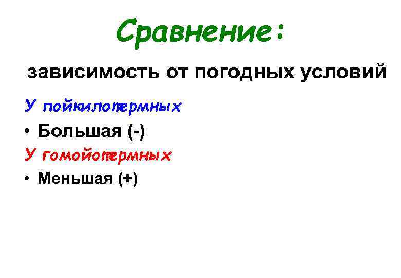 Сравнение: зависимость от погодных условий У пойкилотермных • Большая (-) У гомойотермных • Меньшая