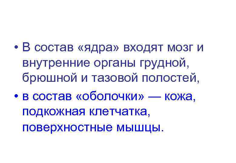  • В состав «ядра» входят мозг и внутренние органы грудной, брюшной и тазовой