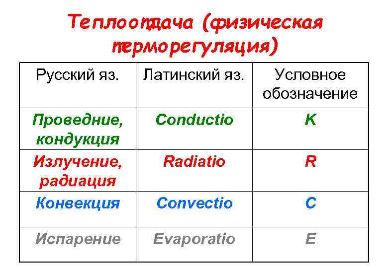 Теплоотдача (физическая терморегуляция) Русский яз. Латинский яз. Условное обозначение Проведние, кондукция Излучение, радиация Конвекция