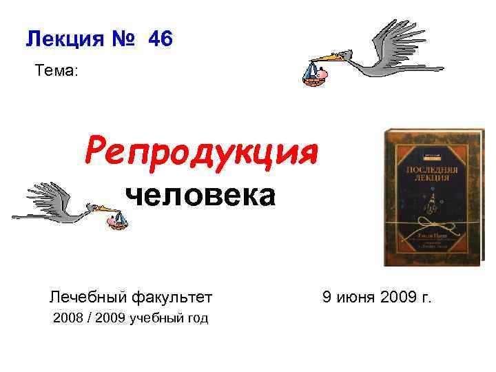 Лекция № 46 Тема: Репродукция человека Лечебный факультет 2008 / 2009 учебный год 9