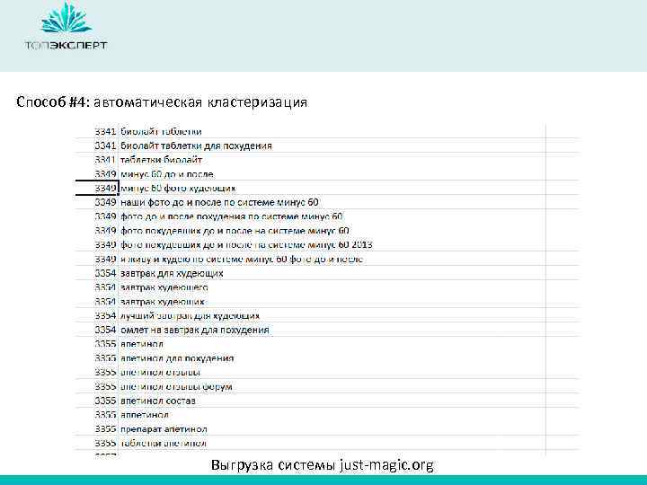 Способ #4: автоматическая кластеризация Выгрузка системы just-magic. org 