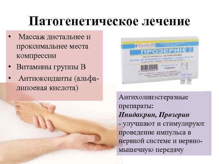 Патогенетическое лечение • Массаж дистальнее и проксимальнее места компрессии • Витамины группы В •