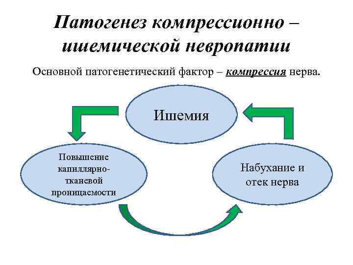Патогенез компрессионно – ишемической невропатии Основной патогенетический фактор – компрессия нерва. Ишемия Повышение капиллярно