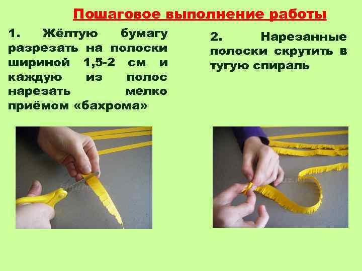 Пошаговое выполнение работы 1. Жёлтую бумагу разрезать на полоски шириной 1, 5 -2 см