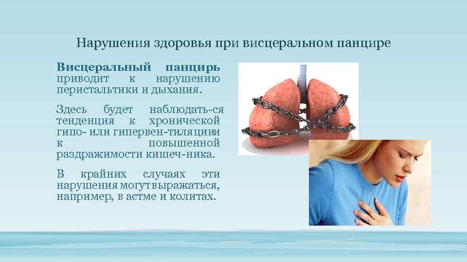 Нарушения здоровья при висцеральном панцире Висцеральный панцирь приводит к нарушению перистальтики и дыхания. Здесь