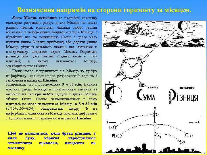 Визначення напрямів на сторони горизонту за місяцем. Якщо Місяць неповний то потрібно спочатку окомірно