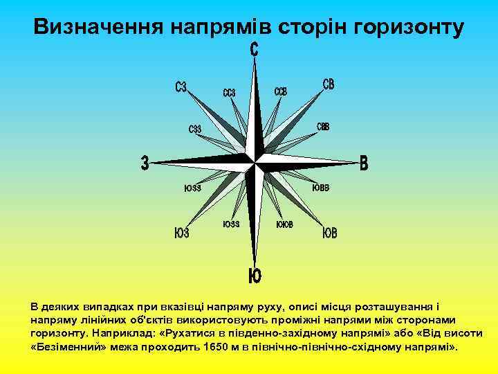 Визначення напрямів сторін горизонту В деяких випадках при вказівці напряму руху, описі місця розташування