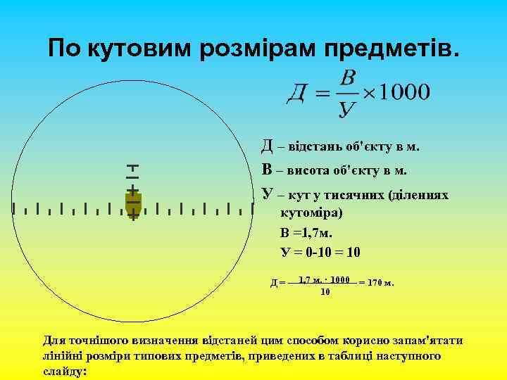 По кутовим розмірам предметів. Д – відстань об'єкту в м. В – висота об'єкту