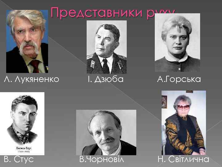 Представники руху Л. Лукяненко В. Стус І. Дзюба В. Чорновіл А. Горська Н. Світлична