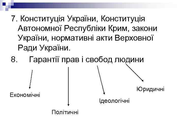 7. Конституція України, Конституція Автономної Республіки Крим, закони України, нормативні акти Верховної Ради України.
