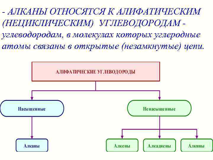 - АЛКАНЫ ОТНОСЯТСЯ К АЛИФАТИЧЕСКИМ (НЕЦИКЛИЧЕСКИМ) УГЛЕВОДОРОДАМ углеводородам, в молекулах которых углеродные атомы связаны