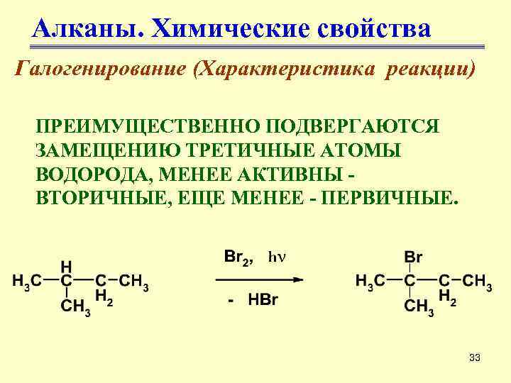 Алканы. Химические свойства Галогенирование (Характеристика реакции) ПРЕИМУЩЕСТВЕННО ПОДВЕРГАЮТСЯ ЗАМЕЩЕНИЮ ТРЕТИЧНЫЕ АТОМЫ ВОДОРОДА, МЕНЕЕ АКТИВНЫ
