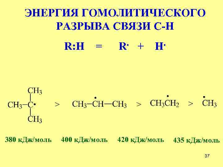 ЭНЕРГИЯ ГОМОЛИТИЧЕСКОГО РАЗРЫВА СВЯЗИ С-Н R: H 380 к. Дж/моль = 400 к. Дж/моль