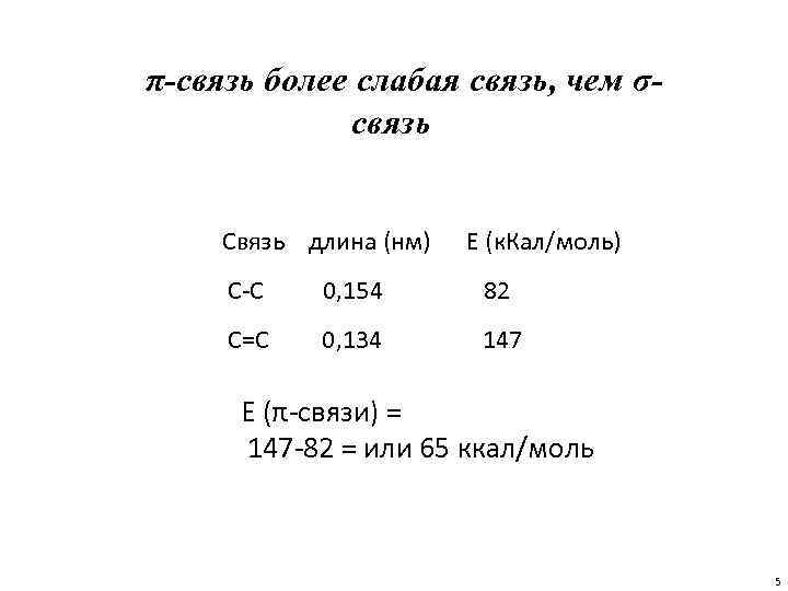 π-связь более слабая связь, чем σсвязь Связь длина (нм) Е (к. Кал/моль) С-С 0,