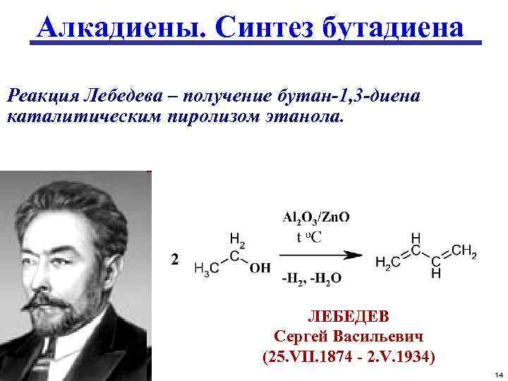 Алкадиены. Синтез бутадиена Реакция Лебедева – получение бутан-1, 3 -диена каталитическим пиролизом этанола. ЛЕБЕДЕВ