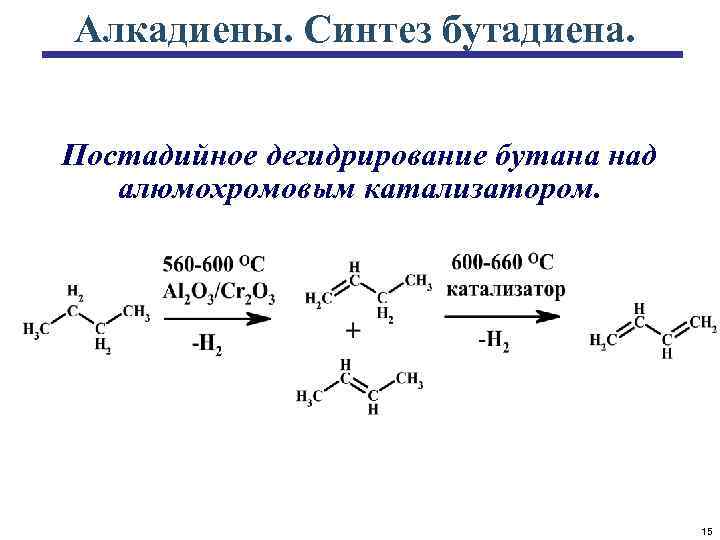 Алкадиены. Синтез бутадиена. Постадийное дегидрирование бутана над алюмохромовым катализатором. 15 