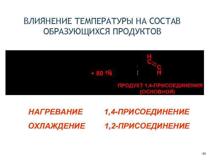 ВЛИЯНЕНИЕ ТЕМПЕРАТУРЫ НА СОСТАВ ОБРАЗУЮЩИХСЯ ПРОДУКТОВ НАГРЕВАНИЕ 1, 4 -ПРИСОЕДИНЕНИЕ ОХЛАЖДЕНИЕ 1, 2 -ПРИСОЕДИНЕНИЕ