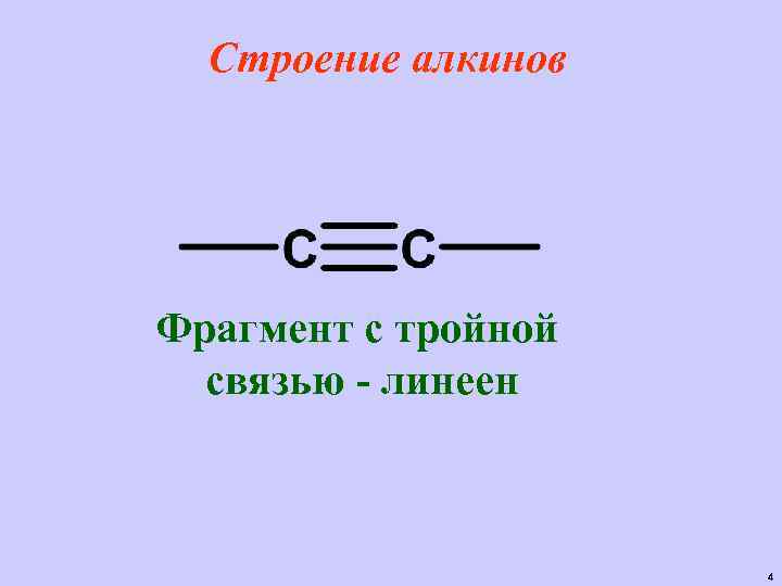 Строение алкинов Фрагмент с тройной связью - линеен 4 