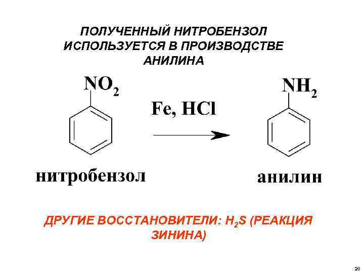 ПОЛУЧЕННЫЙ НИТРОБЕНЗОЛ ИСПОЛЬЗУЕТСЯ В ПРОИЗВОДСТВЕ АНИЛИНА ДРУГИЕ ВОССТАНОВИТЕЛИ: H 2 S (РЕАКЦИЯ ЗИНИНА) 20