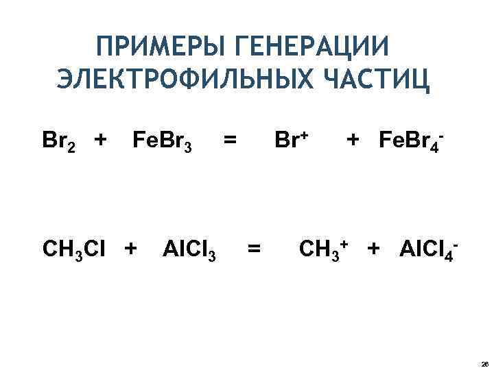 ПРИМЕРЫ ГЕНЕРАЦИИ ЭЛЕКТРОФИЛЬНЫХ ЧАСТИЦ Br 2 + Fe. Br 3 CH 3 Cl +