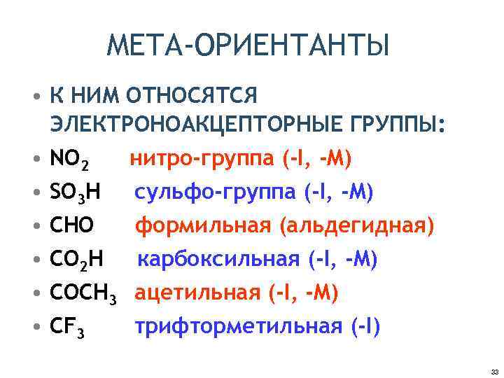 МЕТА-ОРИЕНТАНТЫ • К НИМ ОТНОСЯТСЯ ЭЛЕКТРОНОАКЦЕПТОРНЫЕ ГРУППЫ: • NO 2 нитро-группа (-I, -M) •