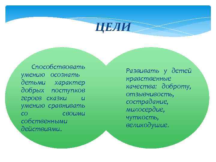 ЦЕЛИ Способствовать умению осознать детьми характер добрых поступков героев сказки и умению сравнивать со