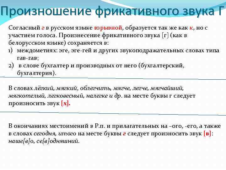 Произношение фрикативного звука Г Согласный г в русском языке взрывной, образуется так же как