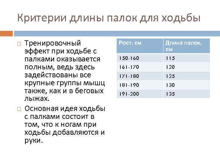 Критерии длины палок для ходьбы Тренировочный эффект при ходьбе с палками оказывается полным, ведь