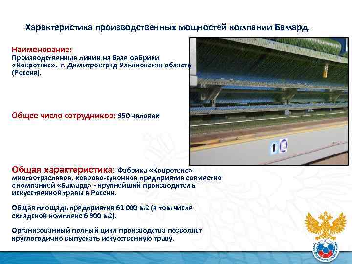 Характеристика производственных мощностей компании Бамард. Наименование: Производственные линии на базе фабрики «Ковротекс» , г.