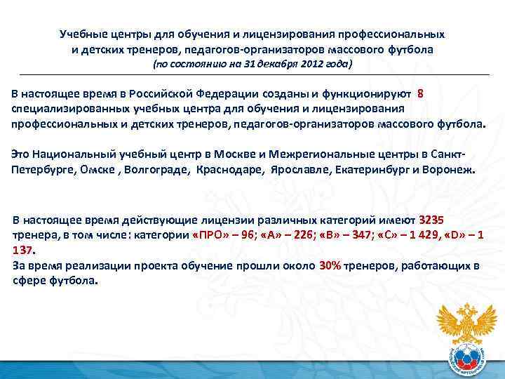 Учебные центры для обучения и лицензирования профессиональных и детских тренеров, педагогов-организаторов массового футбола (по