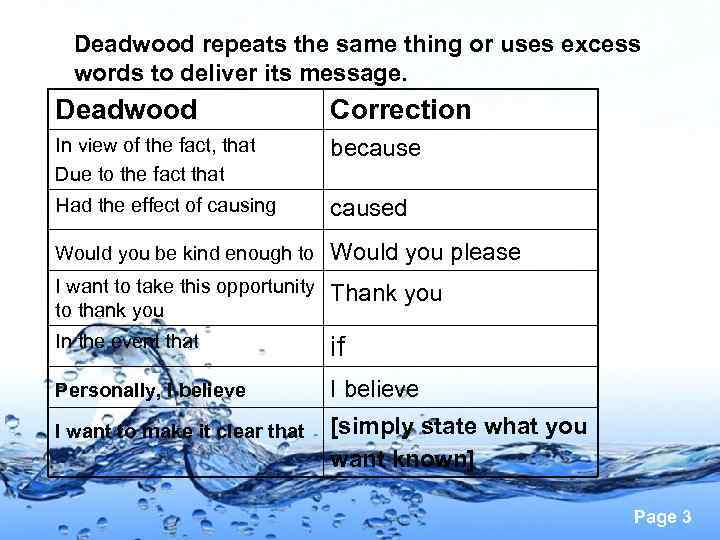 Deadwood repeats the same thing or uses excess words to deliver its message. Deadwood