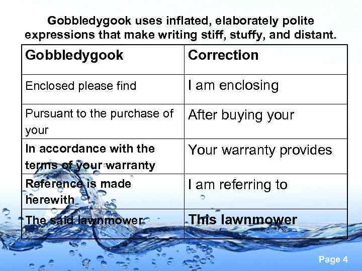 Gobbledygook uses inflated, elaborately polite expressions that make writing stiff, stuffy, and distant. Gobbledygook