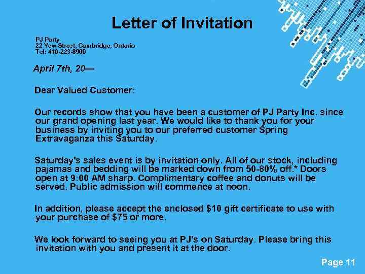 Letter of Invitation PJ Party 22 Yew Street, Cambridge, Ontario Tel: 416 -223 -8900