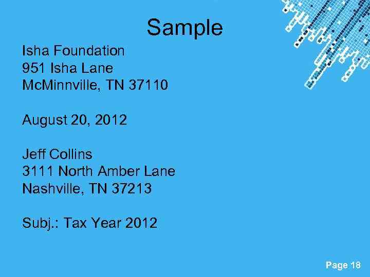 Sample Isha Foundation 951 Isha Lane Mc. Minnville, TN 37110 August 20, 2012 Jeff
